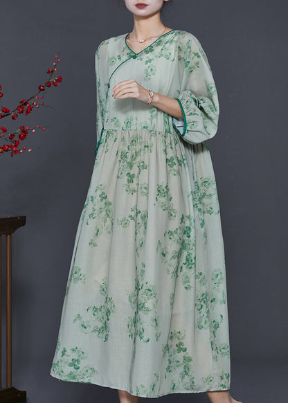 Green Print Linen Oriental Dresses Bracelet Sleeve