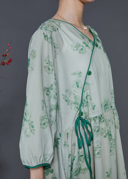 Green Print Linen Oriental Dresses Bracelet Sleeve
