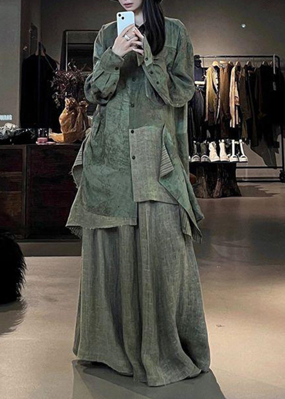 Green Print Patchwork Shirts and Maxi Skirts Two Pieces Set Fall