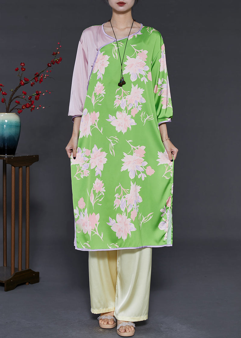 Green Print Patchwork Silk Two Pieces Set Summer