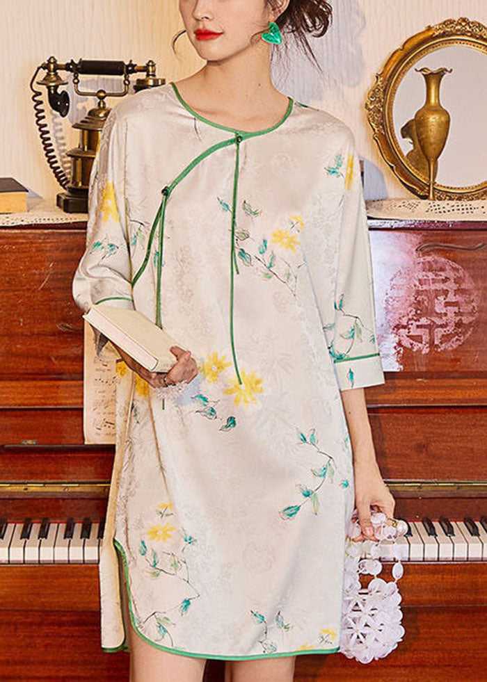 Green Print Tassel Ice Silk Mid Dress Half Sleeve