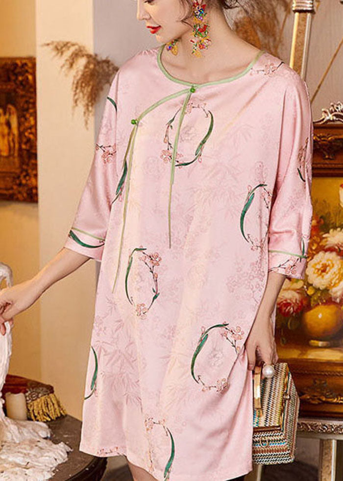 Green Print Tassel Ice Silk Mid Dress Half Sleeve