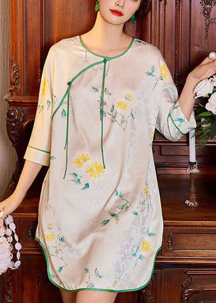 Green Print Tassel Ice Silk Mid Dress Half Sleeve