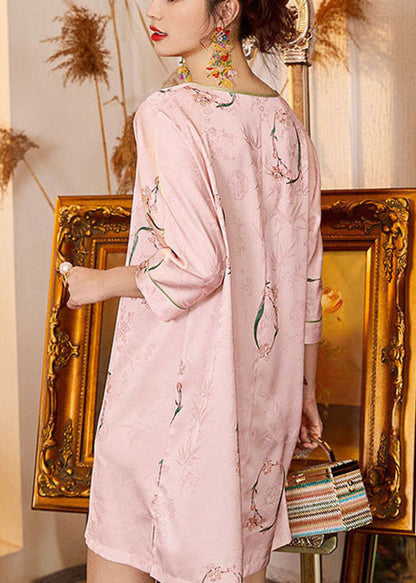 Green Print Tassel Ice Silk Mid Dress Half Sleeve