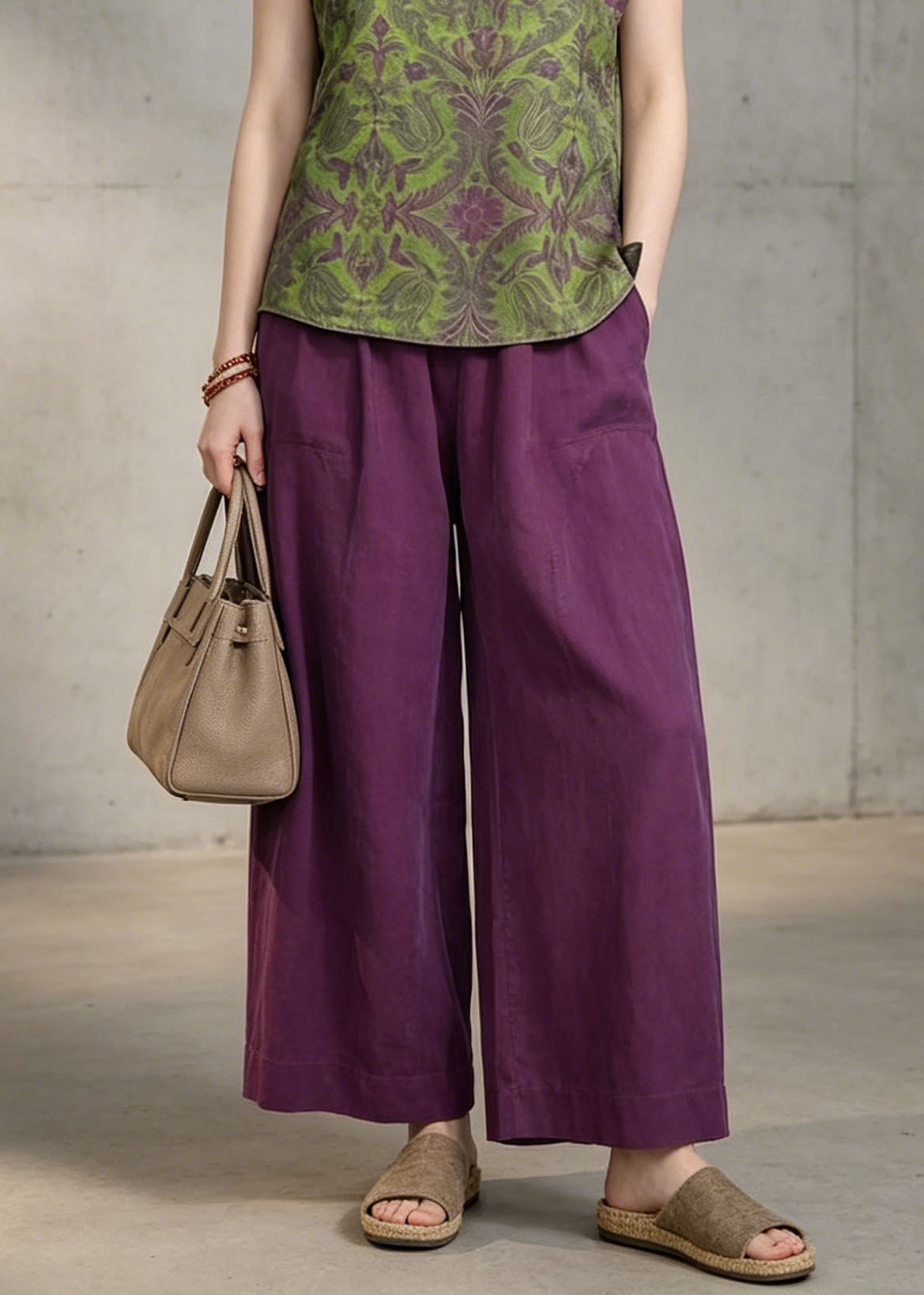 Green Print Top and Purple Pants Cotton Two Pieces Set Summer