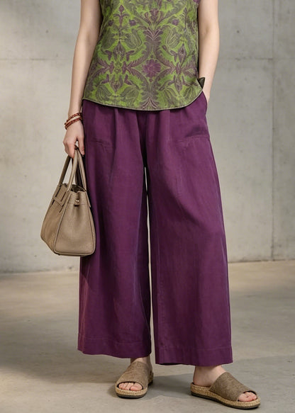 Green Print Top and Purple Pants Cotton Two Pieces Set Summer