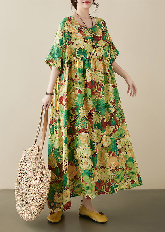 Green Print Wrinkled Maxi Dresses Short Sleeve