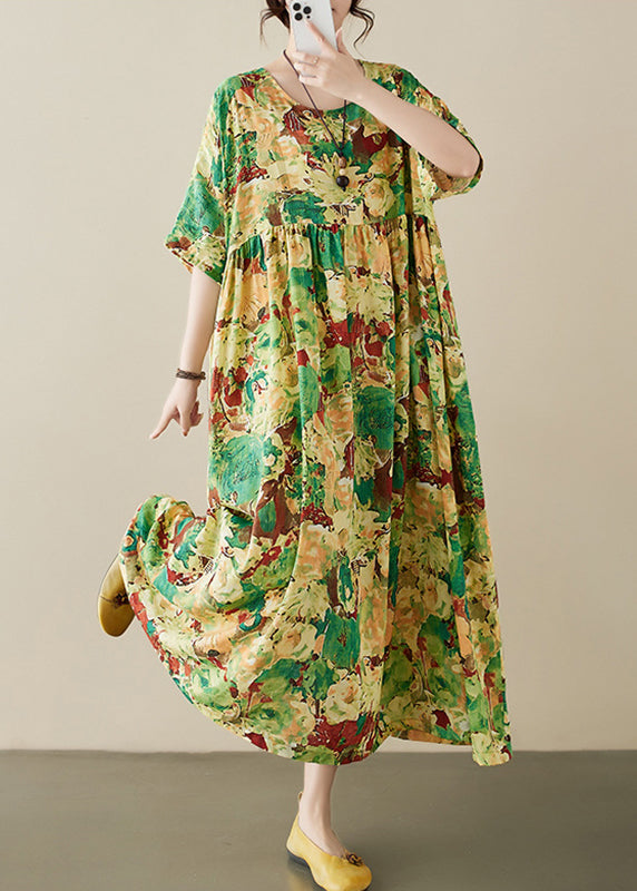 Green Print Wrinkled Maxi Dresses Short Sleeve