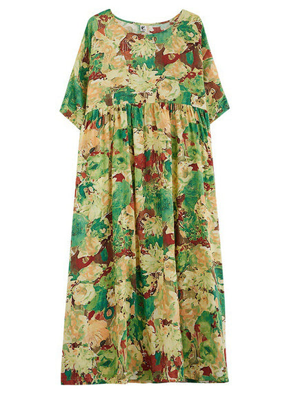 Green Print Wrinkled Maxi Dresses Short Sleeve