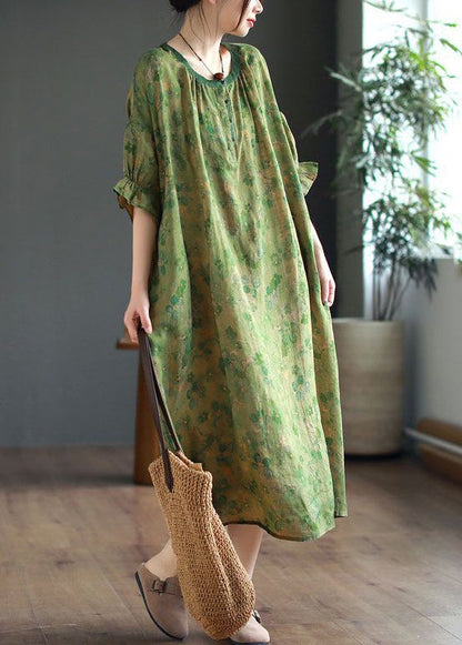Green Ruffled Lace Up Print Linen Dress Half Sleeve
