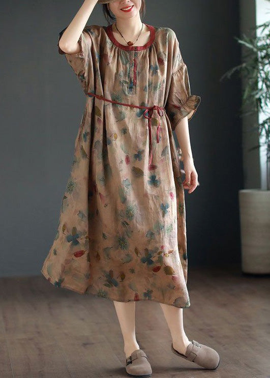 Green Ruffled Lace Up Print Linen Dress Half Sleeve