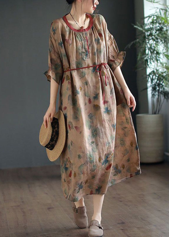 Green Ruffled Lace Up Print Linen Dress Half Sleeve