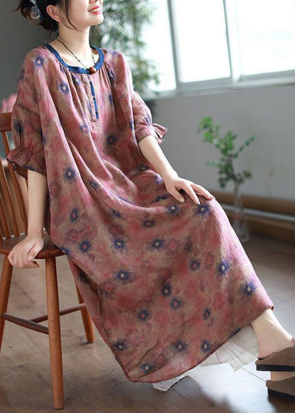 Green Ruffled Lace Up Print Linen Dress Half Sleeve
