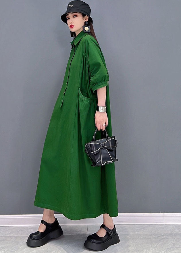 Green Peter Pan Collar Cinched Pockets Cotton Long Dresses Half Sleeve