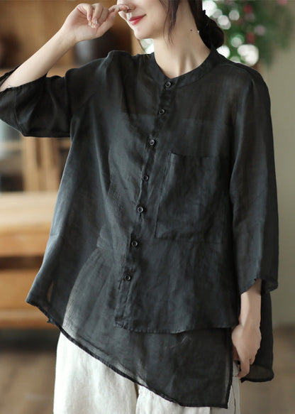 Green Stand Collar Pockets Button Linen Shirt Summer