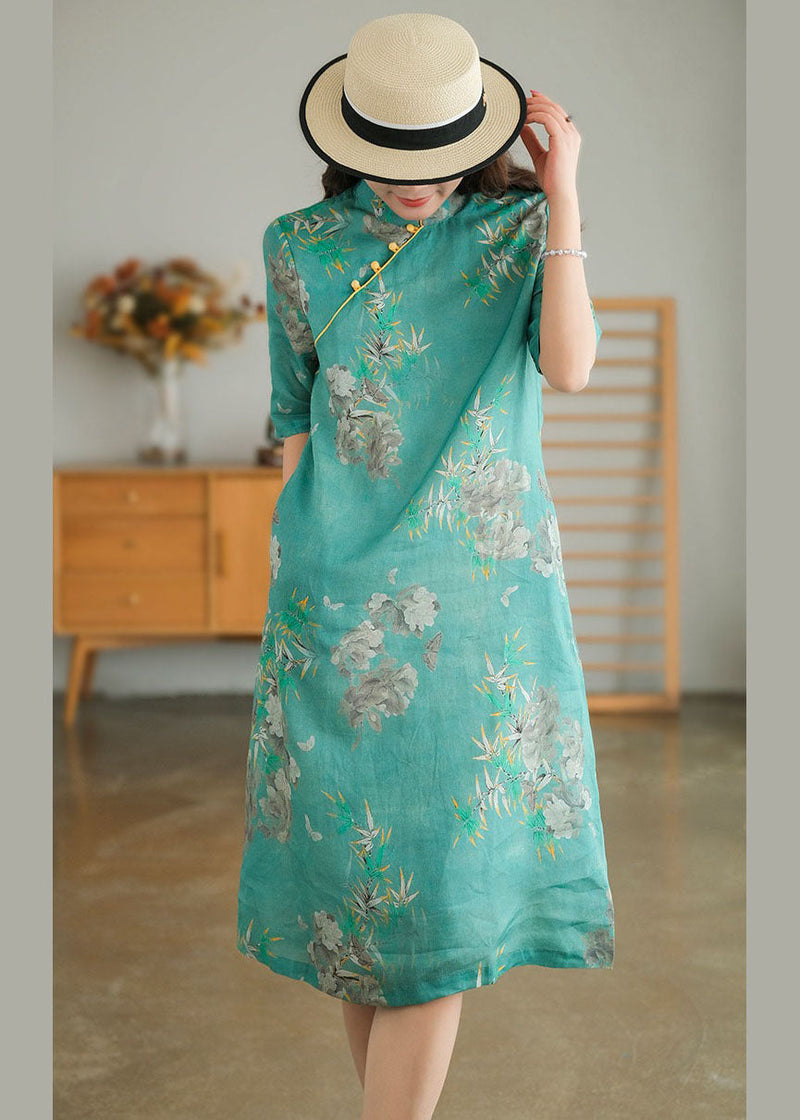 Green Stand Collar Print Cotton Cheongsam Dress Short Sleeve