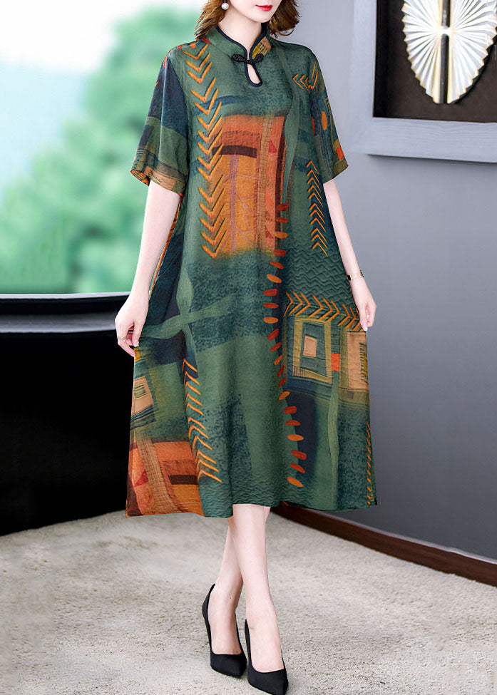 Green Stand Collar Print Side Open Patchwork Silk Dresses Summer