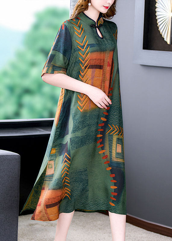 Green Stand Collar Print Side Open Patchwork Silk Dresses Summer
