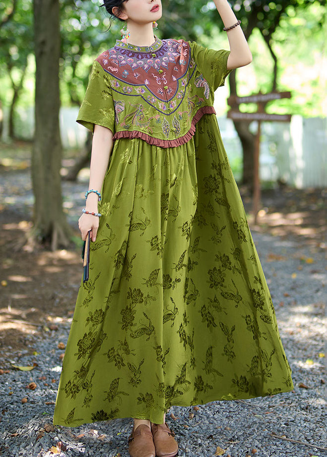 Green Stand Collar Ruffled Embroidered Silk Dresses Summer