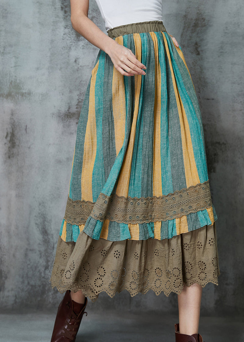 Green Striped Patchwork Linen Skirt Spring