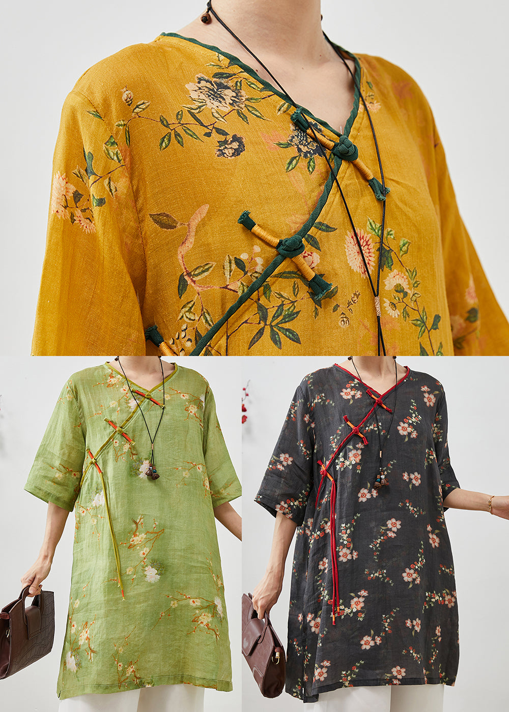 Green Tasseled Print Linen Oriental Dress Summer