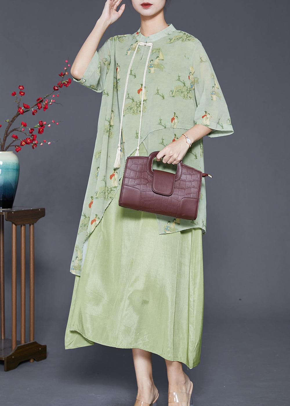 Green Tasseled Print Silk Long Dresses Summer