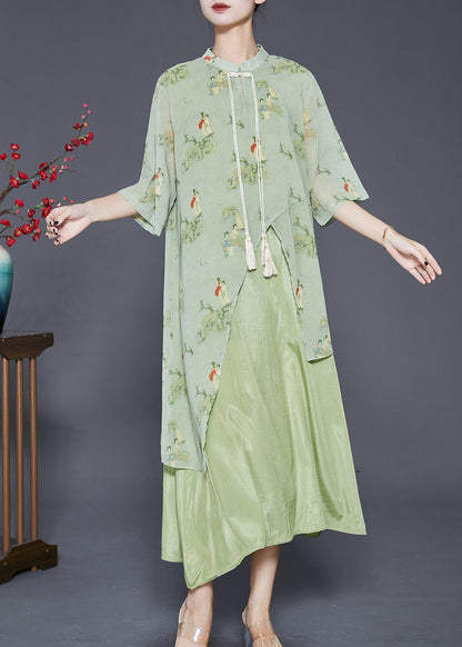 Green Tasseled Print Silk Long Dresses Summer