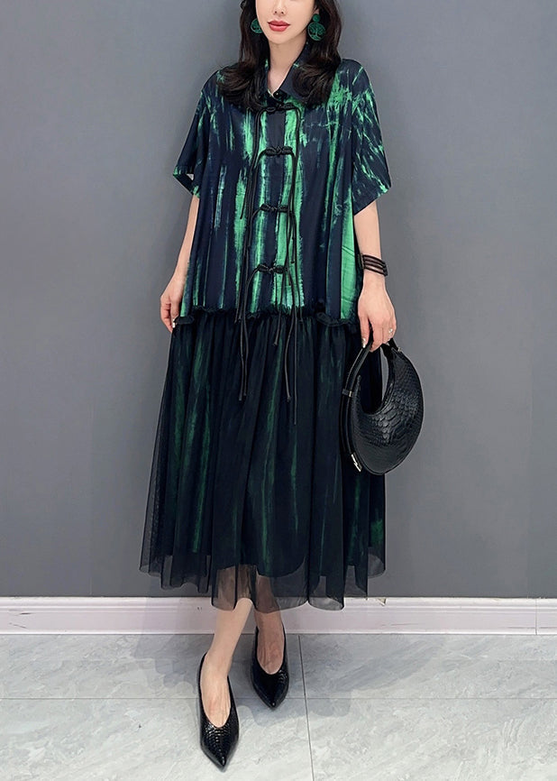 Green Tasseled Ruffled Tulle Patchwork Cotton Dresses Summer