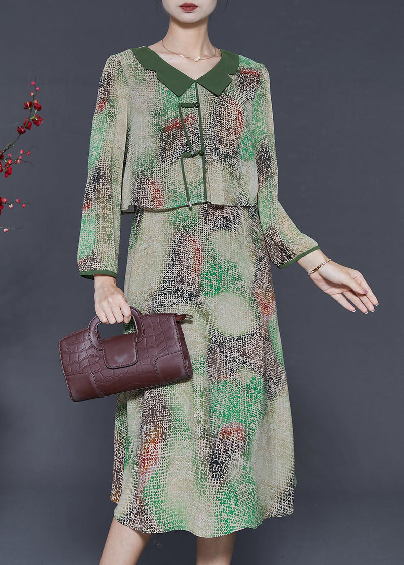 Green Tie Dye Chinese Button Chiffon Fake Two Piece Dress Spring