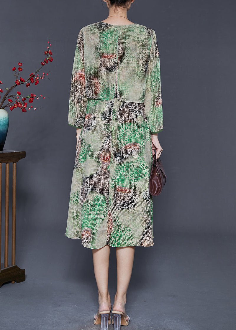 Green Tie Dye Chinese Button Chiffon Fake Two Piece Dress Spring