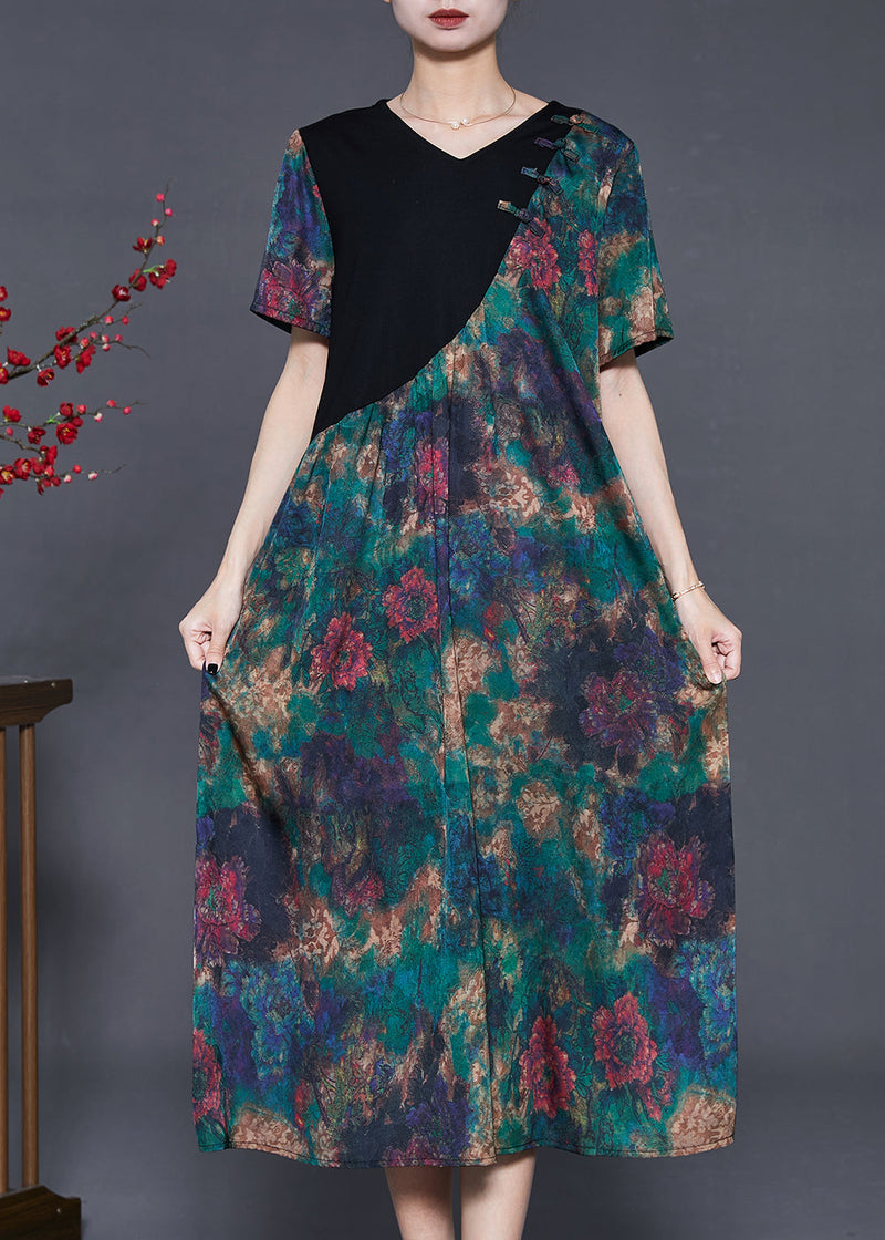 Green Tie Dye Patchwork Silk Oriental Dress Summer