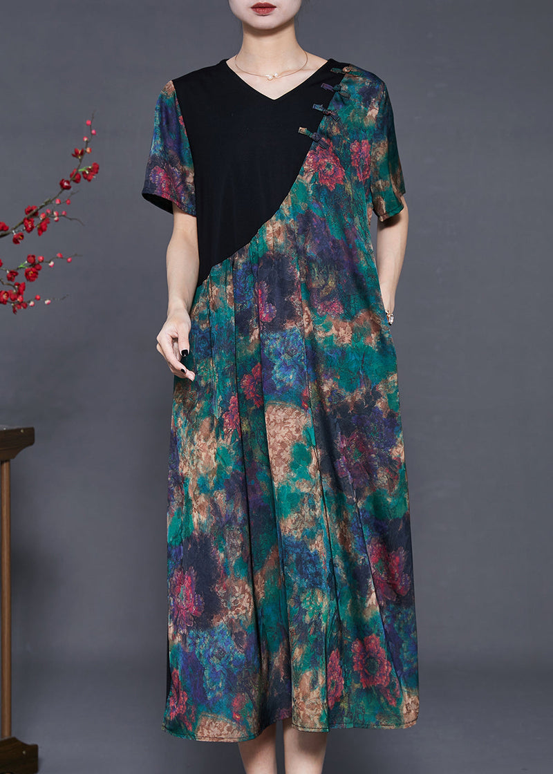 Green Tie Dye Patchwork Silk Oriental Dress Summer