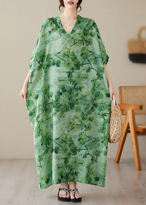 Green V Neck Print Maxi Beach Dress Short Sleeve