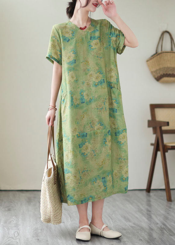 Green V Neck Print Patchwork Long Cotton Dress Summer