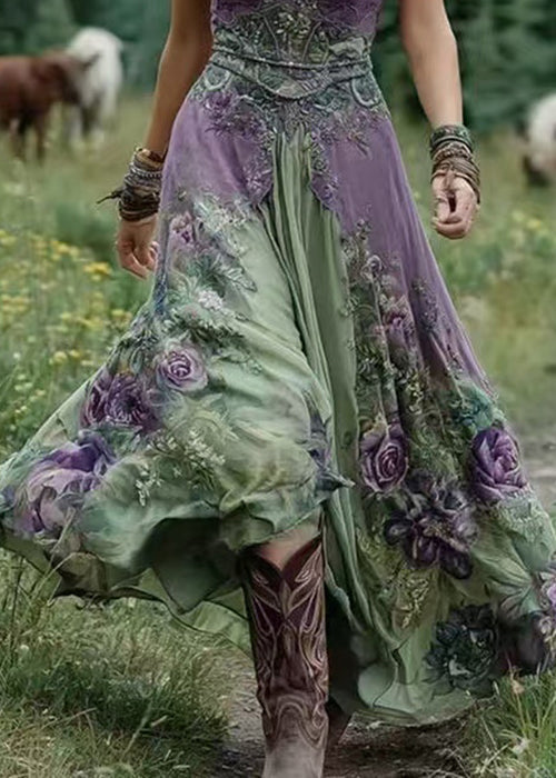 Green V Neck Print Patchwork Long Dresses Summer