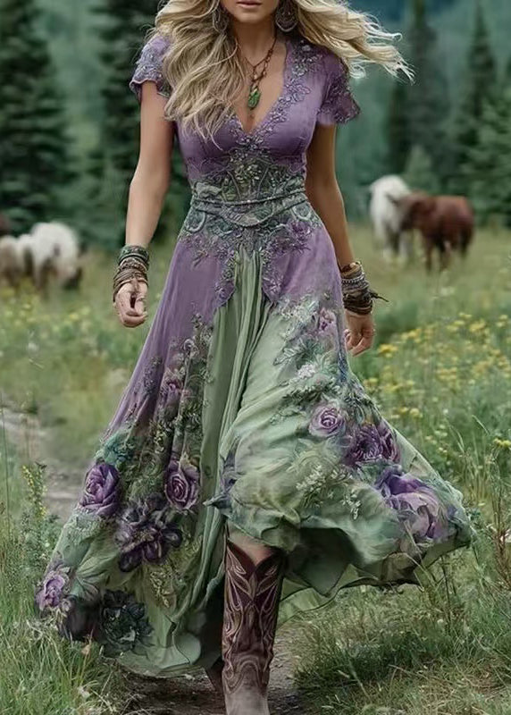 Green V Neck Print Patchwork Long Dresses Summer