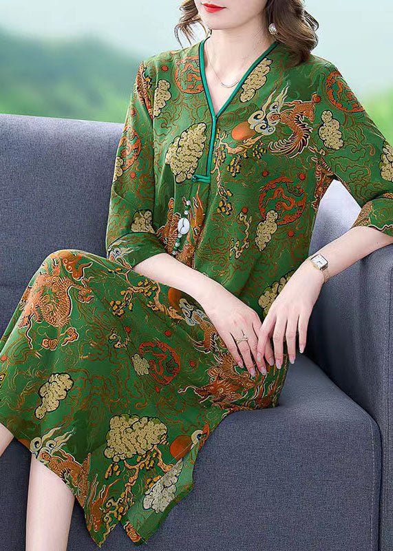 Green V Neck Print Patchwork Silk Mid Dress Summer