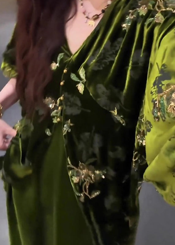 Green V Neck Silk Velvet Coats and Maxi Dress Two Pieces Set Lantern Sleeve