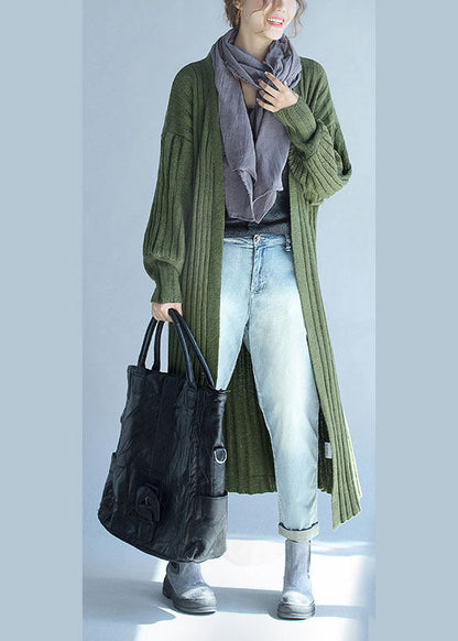 Green V Neck Lantern Sleeve Fall Knit Long Sweaters Coat