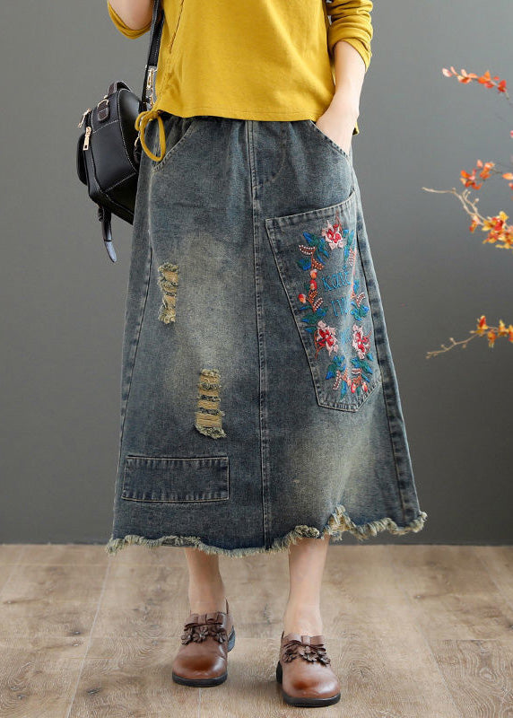 Grey Asymmetrical Embroideried Patchwork High Waist Denim Maxi Skirts Summer