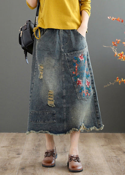 Grey Asymmetrical Embroideried Patchwork High Waist Denim Maxi Skirts Summer