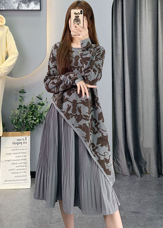 Grey Asymmetrical Patchwork Knit Long Dresses Spring