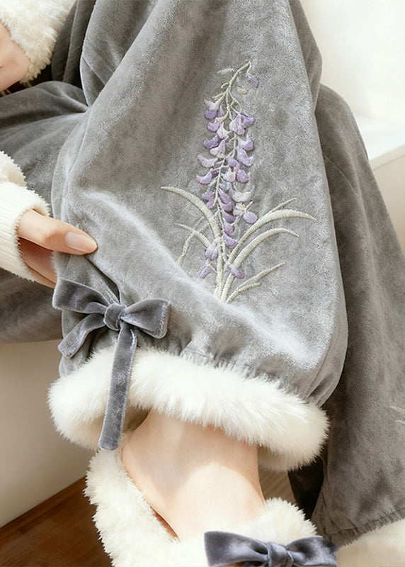 Grey Embroidered Warm Fleece Silk Velvet Pants Winter