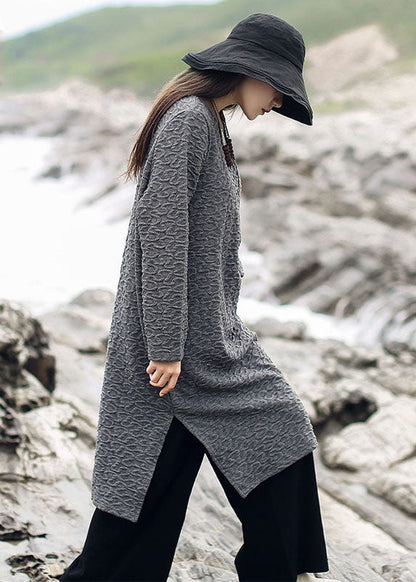 Grey Jacquard Side Open Knit Long Sweater Winter