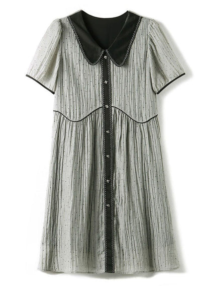 Grey Peter Pan Collar Wrinkled Patchwork Silk Dress Summer