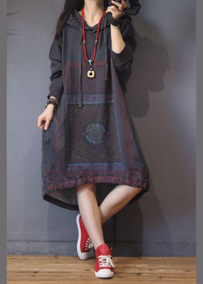 Grey Print Cotton Hooded Summer Dress