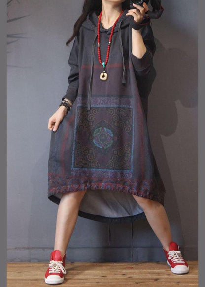 Grey Print Cotton Hooded Summer Dress