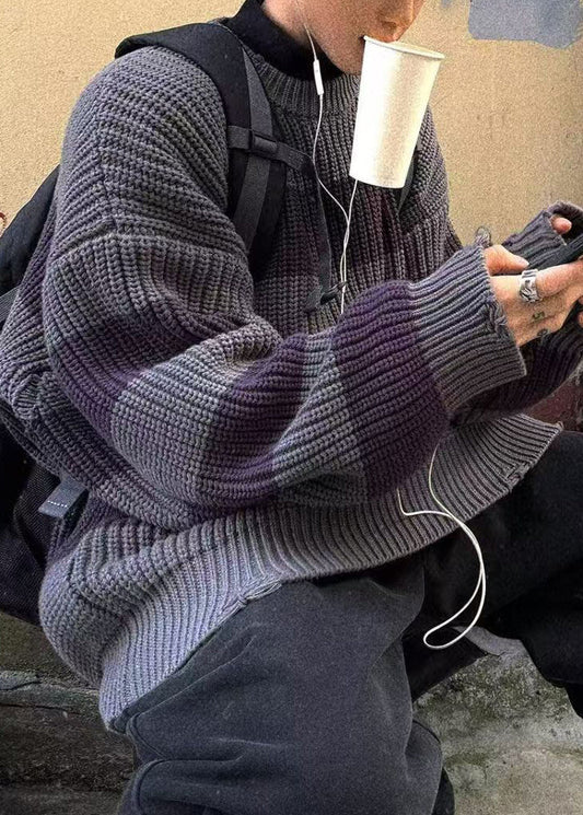 Grey Striped Cozy Patchwork Knit Sweater Spring