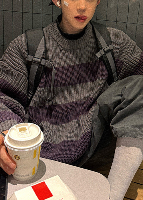 Grey Striped Cozy Patchwork Knit Sweater Spring