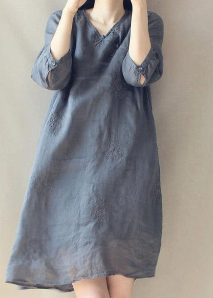 Grey V Neck Embroideried Button Linen Cheongsam Dress Half Sleeve